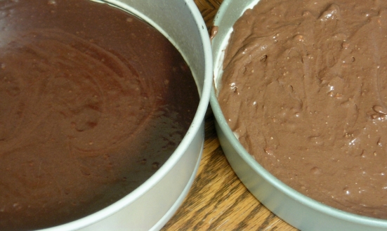 Brownie layer (left) and  cake layer (right), before baking.