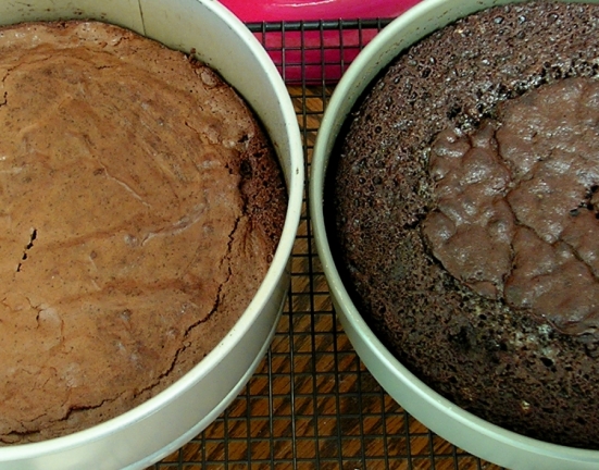 Brownie layer (left) and  cake layer (right), after baking.